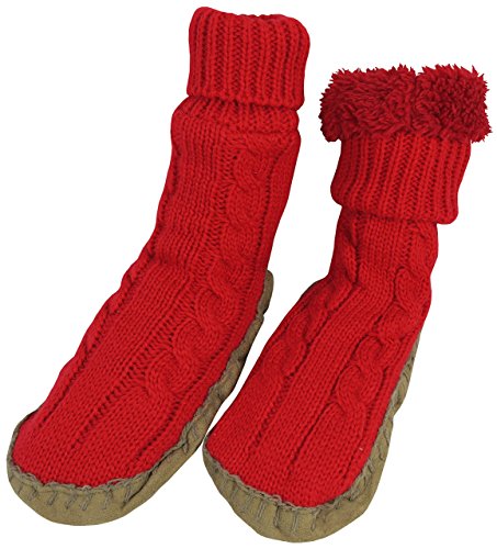 N'Ice Caps Women's Cable Knit Slipper Socks with Non-Skid Gripper Soles (One Size (10.0" sole length), Red)