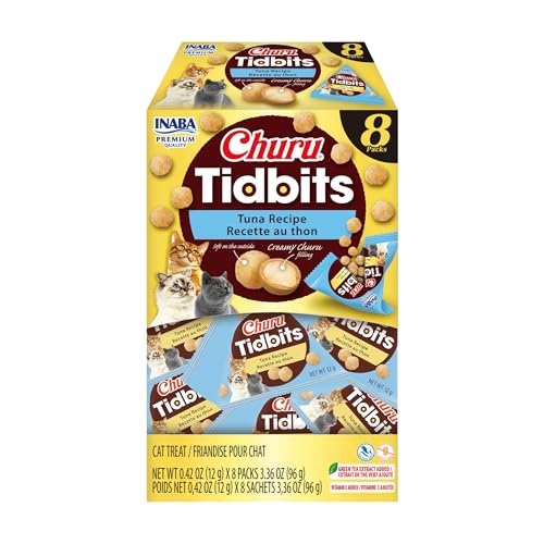INABA Churu Tidbits for Cats Soft & Chewy Churu Filled Baked Chicken Cat Treats with Taurine & Green Tea Extract 0.42oz per Pack 8 Packs Total Tuna Recipe