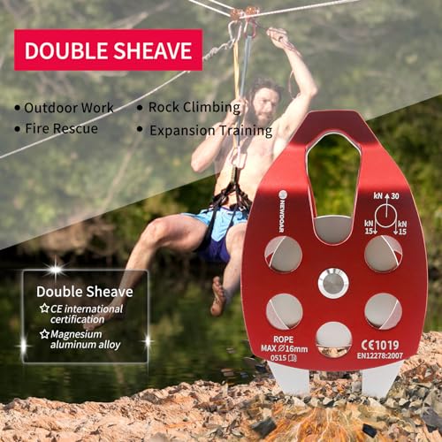 Image of NewDoar 30 KN CE Certified Large Rescue Pulley Single /Double Sheave with Swing Plate