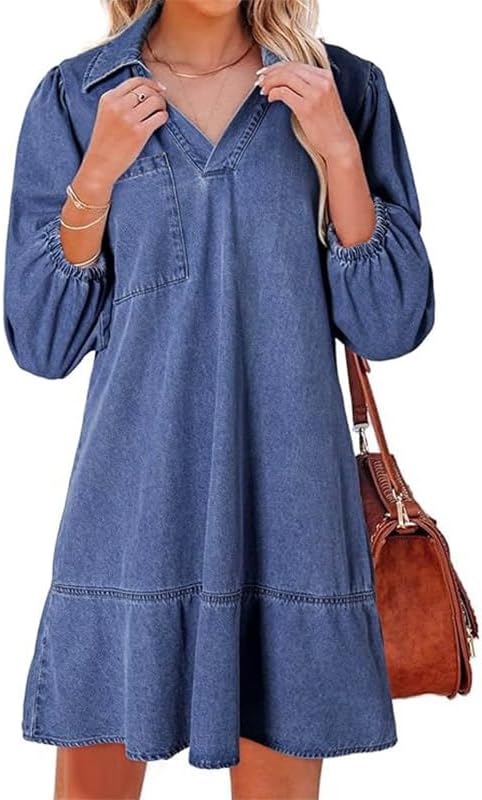 utcoco Denim Dress for Women Casual Loose Fit 3/4 Sleeve Ruffle Jean Badydoll Mini Dress with Pockets - Image 2