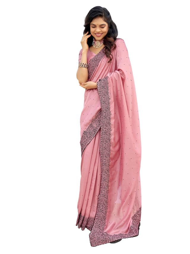 Satrani Women's Art Silk Dyed & Embroidery & Stone Work Saree With Unstitched Blouse Piece (3351S369N_Light Pink)