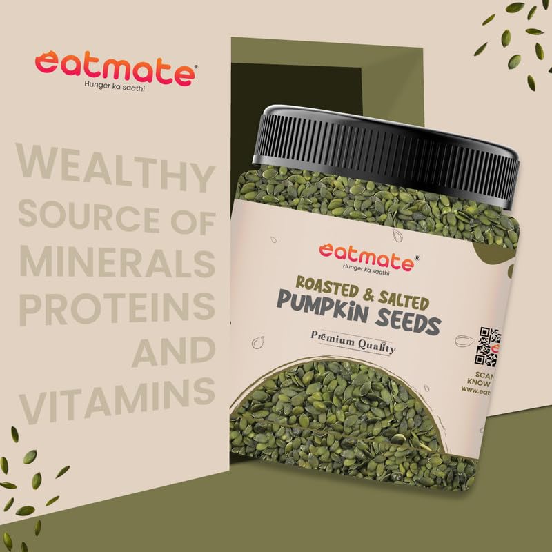 Image of Eatmate Roasted and Salted Pumpkin Seeds | High Fiber Vegetarian Crunchy Snack with Zinc and Magnesium | Natural Diet Protein Rich Seeds for Eating Fitness and Daily Nutrition Pack (500g)
