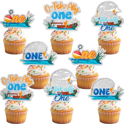 24Pcs O-Fish-Ally One Cupcake Toppers - Glitter Fishing First Birthday Party Decorations for Party Cake Décor