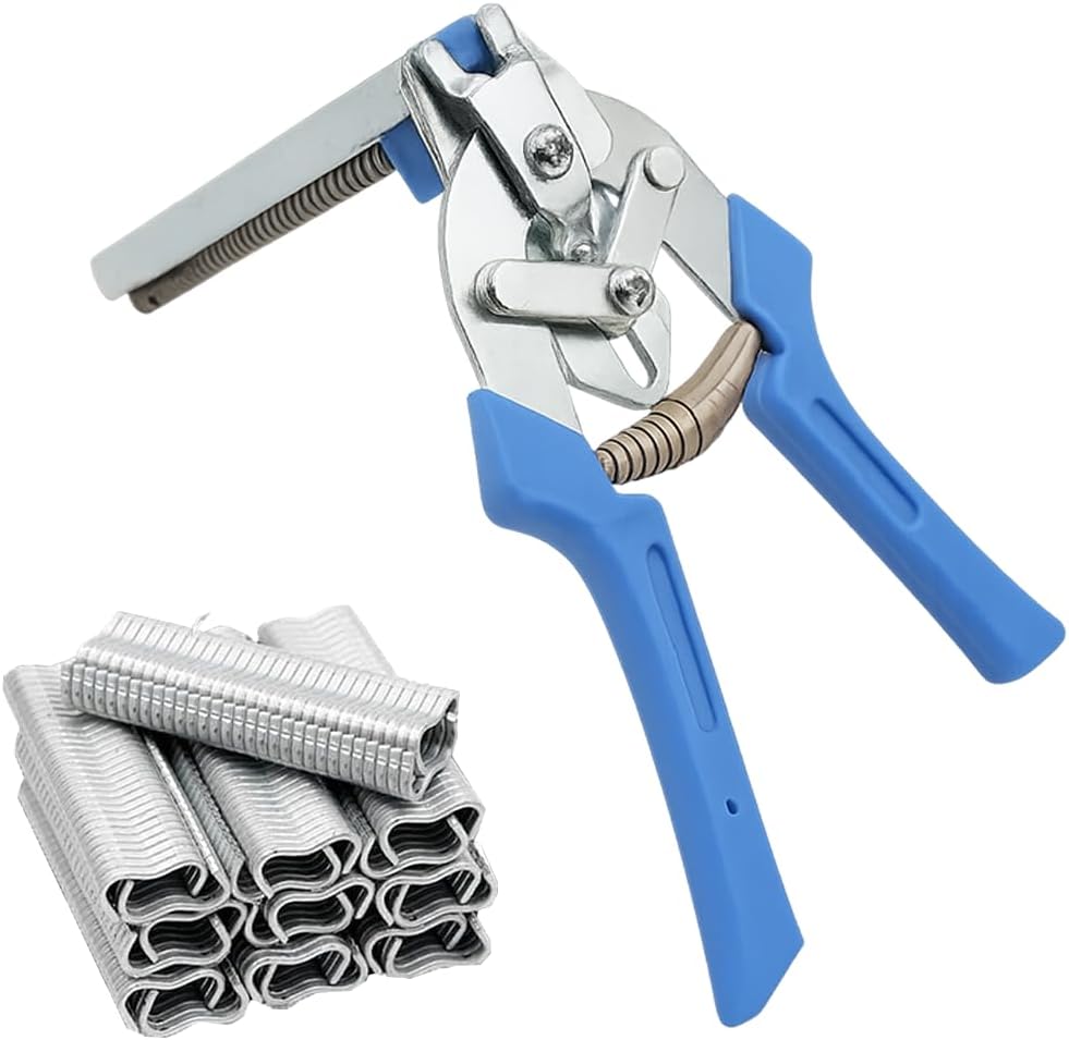 Hog Ring Pliers Kit with 600 Pcs of Galvanized Steel Hog Rings, Hog Ring Chicken Duck Goose Dog Cat Rabbit Kit Clamp with Nail Groove, Repair Hand Tools for Animal Cages, Wire Fencing, Railing-Blue