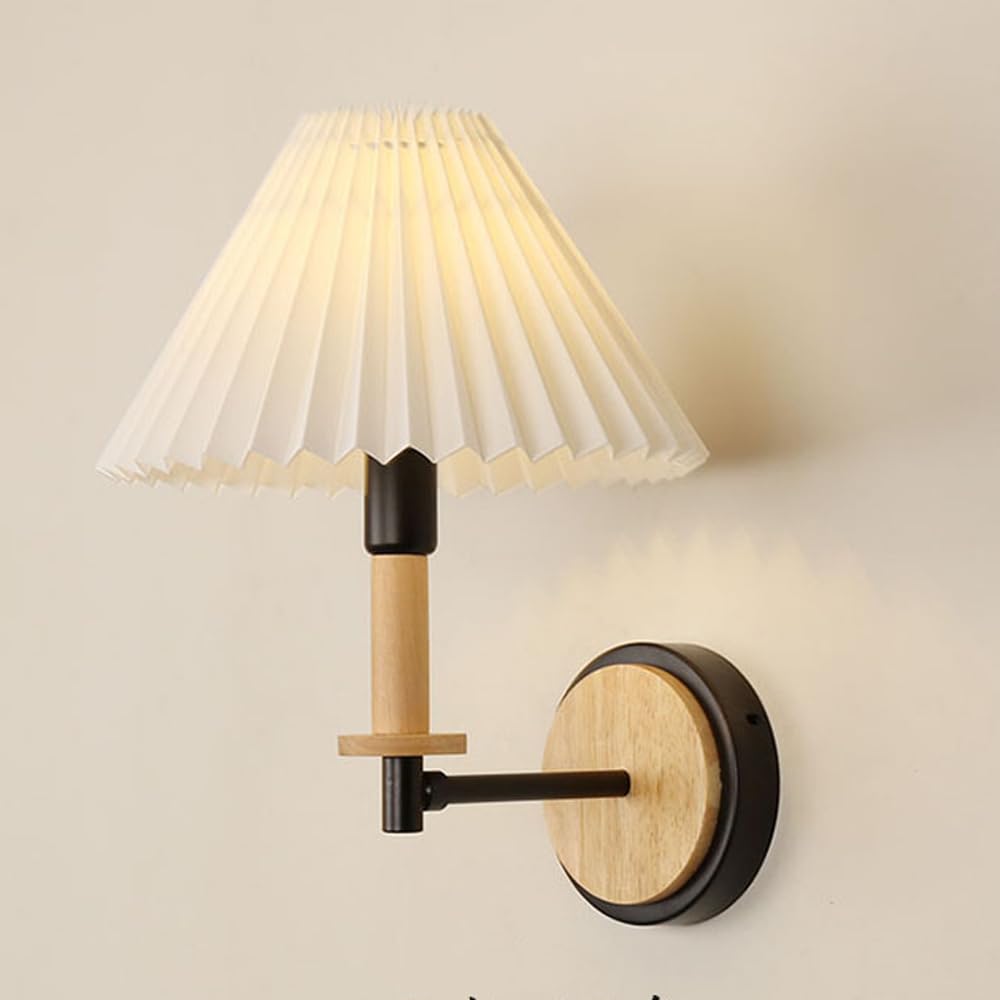 XANAYXWJ Applique da Parete in Legno Nordico Lampada da Comodino retrò con Paralume in Tessuto Bianco Pieghettato in PVC, Elegante apparecchio di Illuminazione per la casa in Legno per Soggiorno