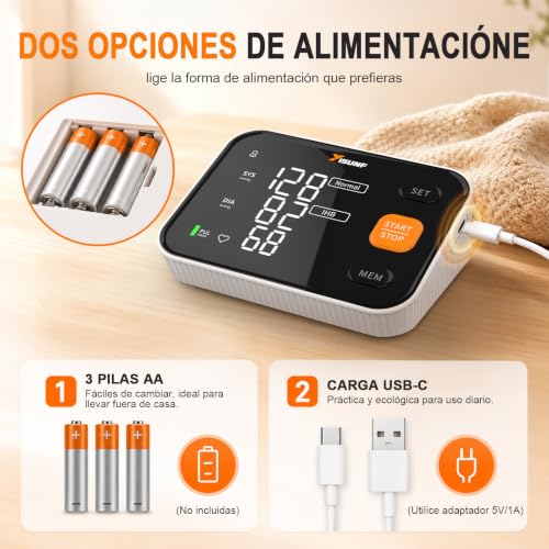Miniatura 6 de Yisunf Tensiómetro De Brazo Digital Automático Para Uso Doméstico, Monitor De Presión Arterial Y Frecuencia Cardíaca Con Pantalla Led, 2 120 Registros, Usb-C Y Manguito Ajustable 22 42 Cm