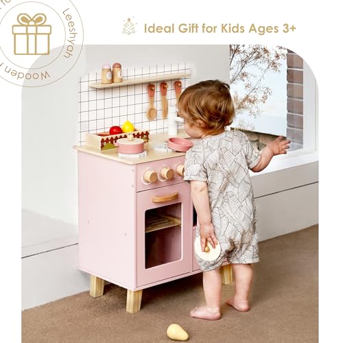 Pink Wooden Play Kitchen with Realistic Features & Accessories, Pretend Cooking Toy for Kids 3+, Ideal Gift for Toddler Boy and Girls by Leeshyah - Image 3