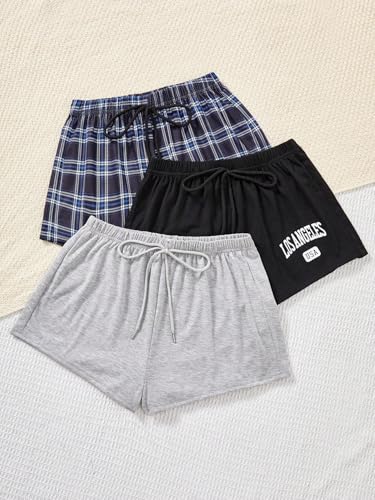 Image of WDIRARA Women's 3 Pack Plaid Letter Graphic Pajama Shorts Lounge Shorts | Elastic Waist ,Comfortable,Home Living,Sleepwear