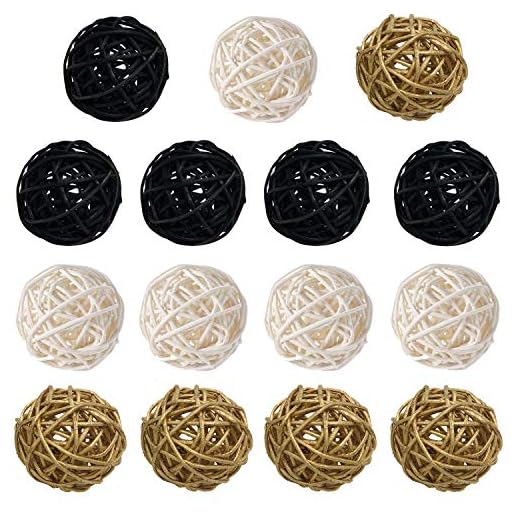 Pack of 15 pcs Mixed Gold Black White 2" Wicker Rattan Balls Decorative Orbs Vase Fillers for Craft Project,Wedding Table Decoration,Themed Party,Baby Shower,Aromatherapy Accessories,Orbs Vase Fillers
