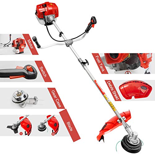 HUYOSEN 51.7CC Grass String Trimmers Gas Straight Shaft Brush Cutter Gasoline Powered Grass Weed Trimmer Straight Shaft Gas Weeder Eater Cutter（Red）