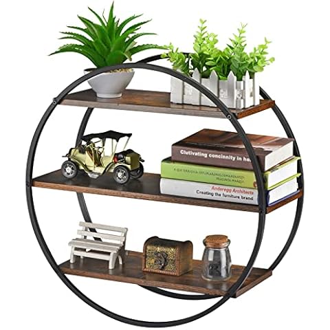 BCOZLUX Floating Shelves, 3 Tier Decorative Geometric Circle Metal and Wood Wall Shelves, Bathroom Shelf Round Wall Decor, Rustic Brown Cover