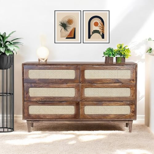 Image of Solid Wood Atlanta Chest of Drawer | Dresser with 6 Drawers | Wooden Chest of Darwers | Chest of Drawers with Cane /Rattan | Finish- Tubaq