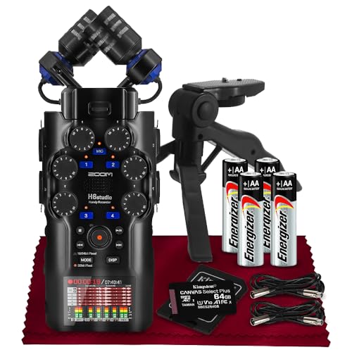 Zoom H6studio Handy Recorder, H6 Studio (H6S) 32-Bit Float Recording, F-Series Preamps, Gain Knobs, Large Mics, USB Audio Interface w/Micro SD, Tripod, Batteries for Podcast Filmmakers Musicians