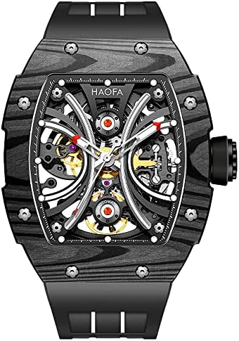 Haofa Automatic Mechanical Square Men Watch Self Wind Skeleton Wristwatches Carbon Fiber Stainless Steel Sapphire Mirror Waterproof Luminous Fashion Sport Watch for Men 1909(Black)