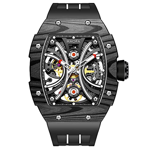Haofa Automatic Mechanical Square Men Watch Self Wind Skeleton Wristwatches Carbon Fiber Stainless Steel Sapphire Mirror Waterproof Luminous Fashion Sport Watch For Men 1909(Black) #TOP25
