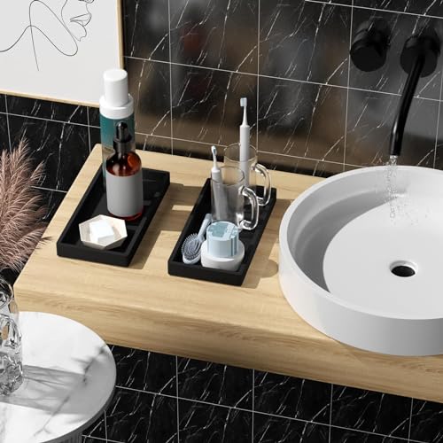 XINSUO 2 Stück Badezimmer Tablett, Deko Tablett Rechteckig, Aus Silikon, für Küche und Bad (Schwarz, 20L*10W*2H cm)