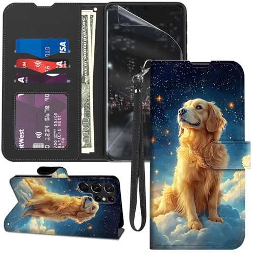 for Samsung Galaxy S23 Ultra Case Wallet with Screen Protector, Stand PU Leather Flip Folio Cover with Card Holder, Full-Body Protection Phone Case for Samsung S23 Ultra, Golden Retriever