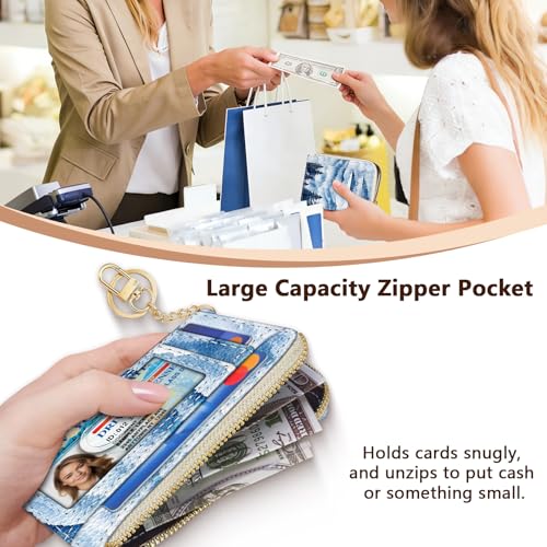Image of GIANCOMICS Slim Wallet Credit Card Holder Women, Hoarfrost Ink Painting Rfid Small Card Case, Keychain Thin Pocket Curved Zipper Wallet, Travel Card Holder PU Leather ID Window, Ladies Female Gifts