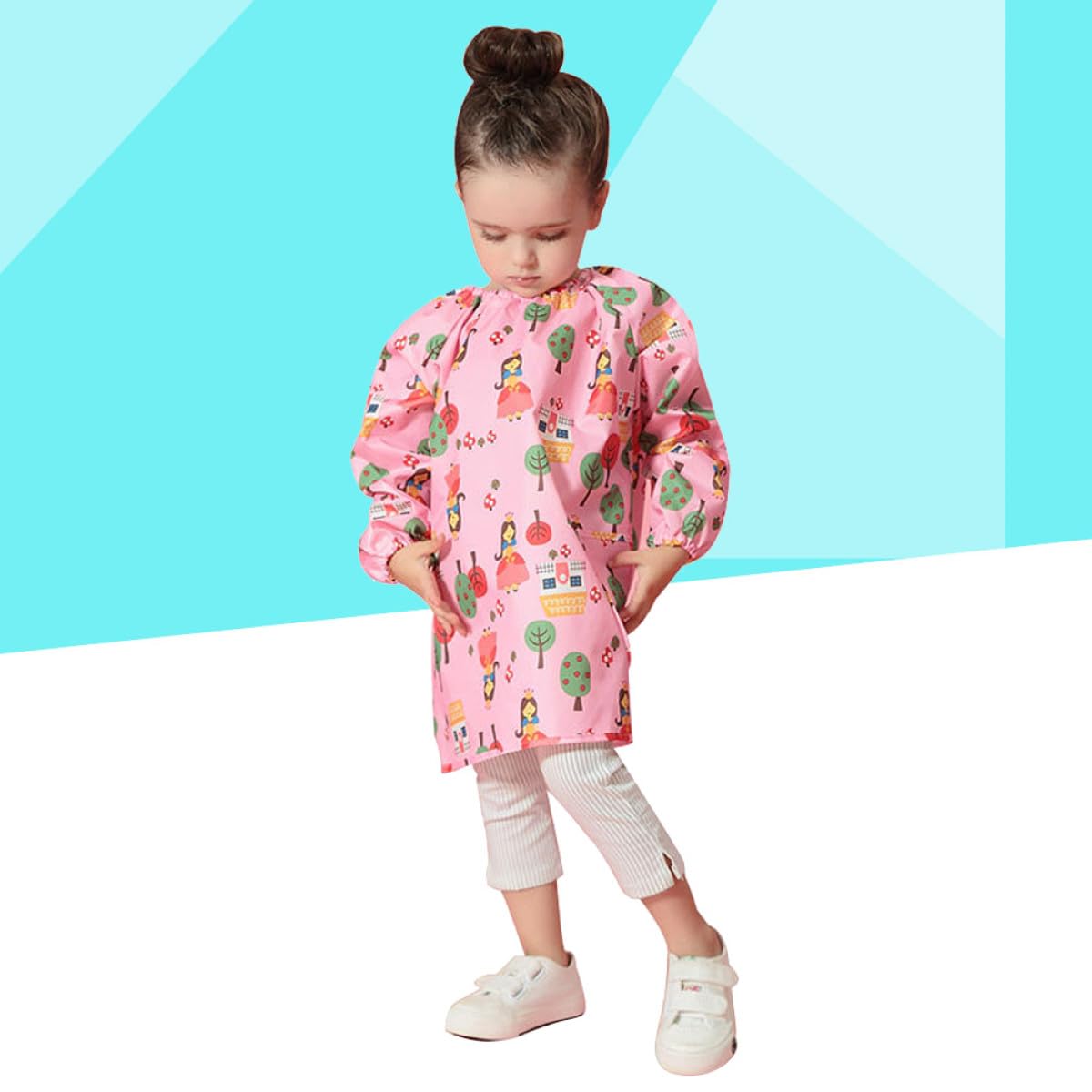 YARNOW Grembiule da Pittura per Bambini Rosa Maniche Lunghe in Poliestere Resistente alle Macchie per Protezione Abiti Durante Pittura e Disegno