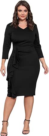 Women's Ruffle Bodycon Work Dress V Neck Ruched Business Office Cocktail Party Tight Sheath Dresses