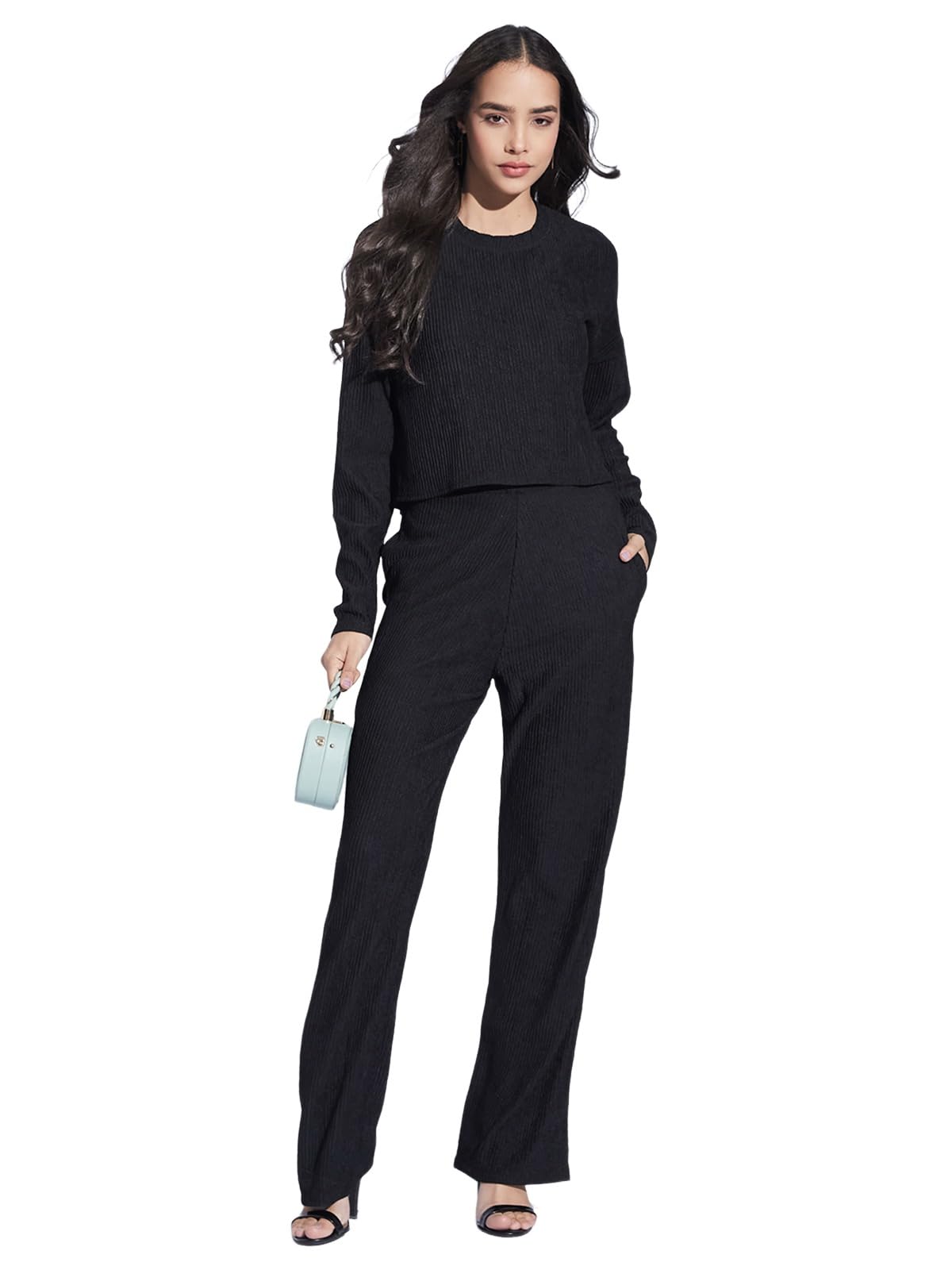 Women's Full Sleeve Textured Lycra Round Neck Top & Trouser 2 Piece Co-ords Set