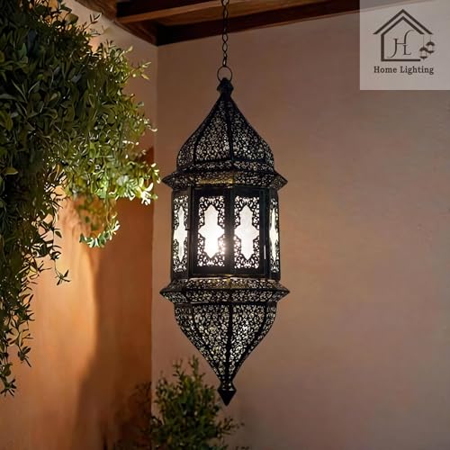 Image of Moroccan Glass & Steel Hanging Pendant Light Lamp Diwali Decoration for Home Decoration (Free Bulb)