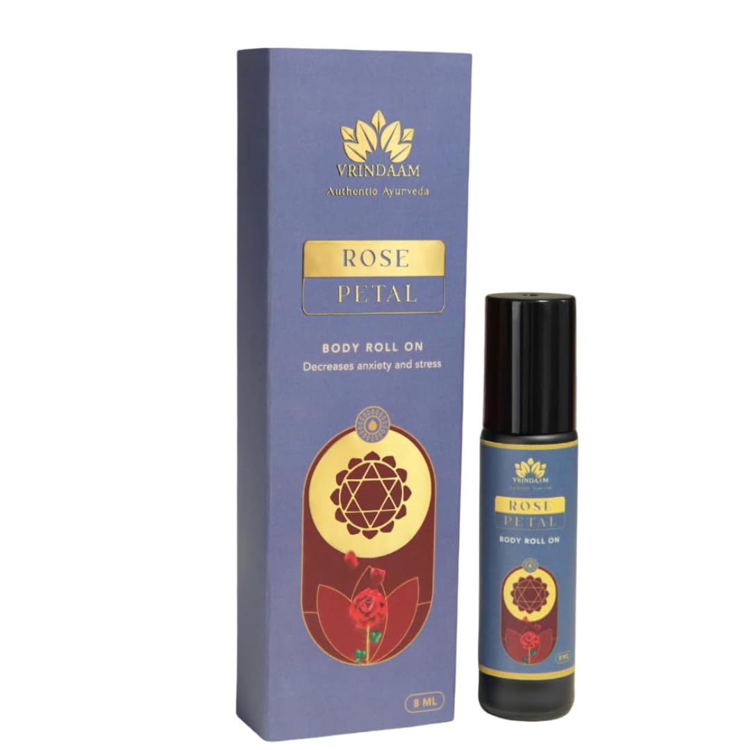 - VRINDAAM Rose Premium Ayurvedic Body Roll-On | 100% Natural Long-Lasting Rose Essential Oil Perfume with Jojoba Oil | Paraben-Free, Chemical-Free Aromatic Roll-On Reduces stress and Anxiety – 8ml