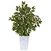 Nearly Natural 17in. Mini Ficus Artificial Embossed White Planter Silk Trees, Green