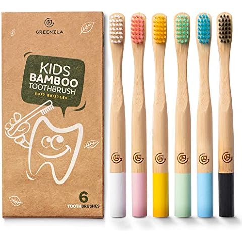 Greenzla Kids Bamboo Toothbrushes (6 Pack) | BPA Free Soft Bristles Toothbrushes | Eco-Friendly, Natural Bamboo Toothbrush Set | Biodegradable & Compostable Charcoal Wooden Toothbrushes Cover