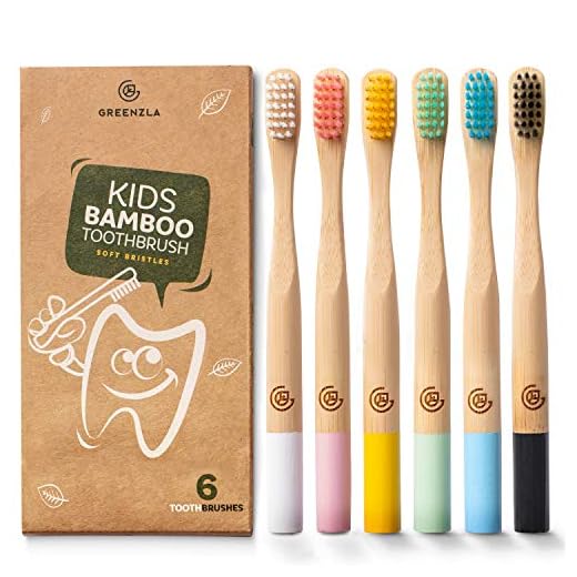 GREENZLA 6 Pack Kids Bamboo Toothbrush | Soft Charcoal Bristles