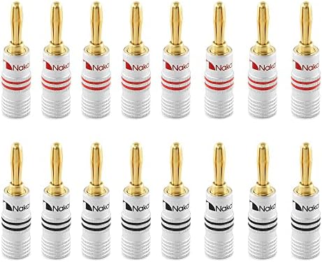 Nakamichi Excel Series 24k Gold Plated Banana Plug 12 AWG - 18 AWG Gauge Size 4mm for Speakers Amplifier Hi-Fi AV Receiver Stereo Home Theatre Audio Wire Cable Screw Connector 16 Pcs (8-Pairs)