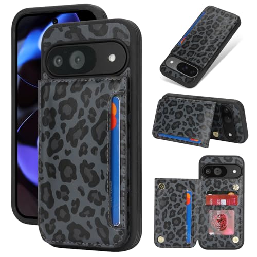 iCoverCase Compatible with Google Pixel 9/9 Pro Case with Card Holder Wallet Phone Case for Women Men [RFID Blocking] PU Leather Protective Wallet Case for Pixel 9/9 Pro (Black Leopard)