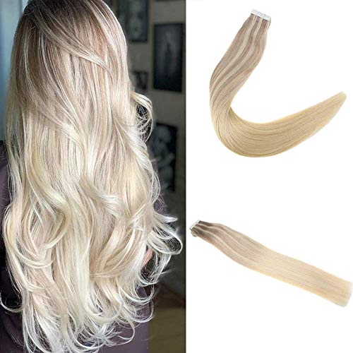 Double Sided Hair Extension 18inch Seamless Tape in Hair Balayage Color Extensions 18 Highlights with Color 22 Fading to 60 Blonde 50G Silky Straight Hair Tape on Hair Skin Weft Extensions