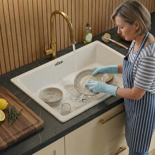 Image of ARQUIN Quartz Kitchen Sink 24x18x9 Inch Rosa | Single Bowl Sink | Durable & Scratch-Resistant | Undermount /Topmount Including Coupling, Waste Pipe & Fruit Washing Basket