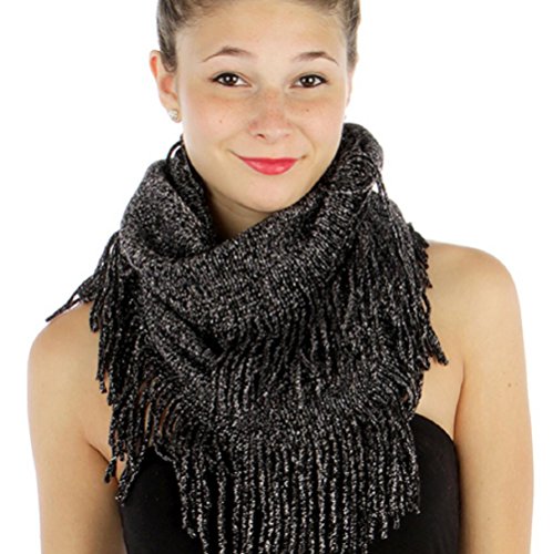 Festive Super Soft Metallic Knit Infinity Scarf with Fringe (Black)