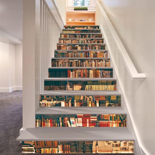 FLFK 3D Simulación Librero auto-adhesivos Pegatinas de Escalera pared pintura vinilo Escalera calcomanía Decoración 39.3 pulgadas x7.08 pulgadas X 13Piezas