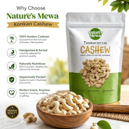 Image of NATURE'S MEWA Konkan Cashew Nuts W320 Premium Whole Kaju | Crunchy & Fresh Natural Cashews for Snacking, Cooking & Sweets | Rich in Protein & Healthy Fats 200 GM