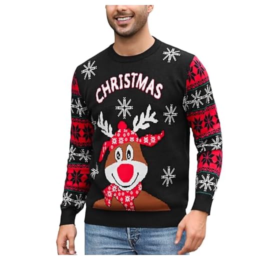 Uniexcosm Hombres Jerseys Navideños Suéter Invierno Feo Suéter Navidad para Hombres Reno Pullover de Punto Suéter de Cuello Redondo Jersey Negro M