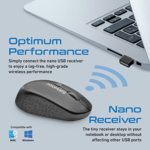 Image of Promate 2.4G Wireless Mouse, Professional Precision Tracking Comfort Grip Mouse with USB Nano Receiver, 10m Range, 800 /1200 /1600 DPI Switch and 4 Functional Buttons for Mac OS, Windows, Tracker Black