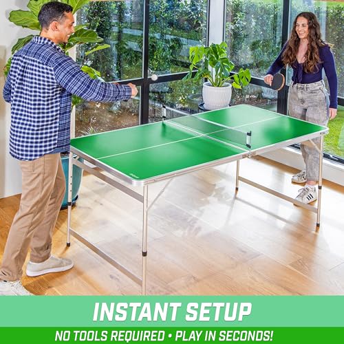 GoSports 6 x 3 ft Mid-Size Table Tennis Table Set with Adjustable Height - Green