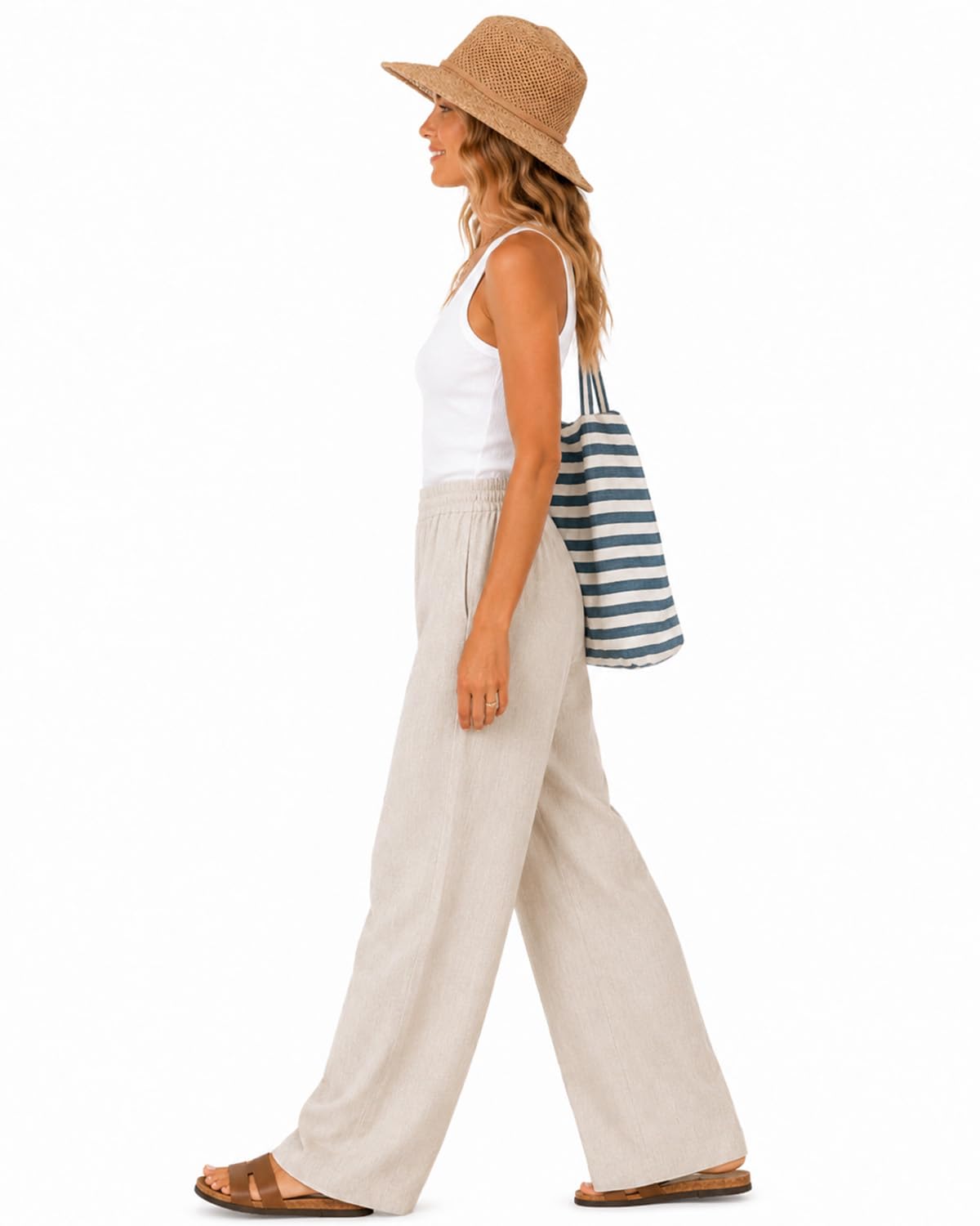 Zylioo Pantalon Palazzo en lin pour femme avec poches, coupe longue et jambes larges, décontracté, plage, voyage