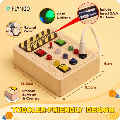 Image of FLYNGO Busy Board for Toddlers, Montessori Toy with LED Light, Wooden Sensory Activity Board for Toddlers & Kids 1-5 Years, Hand-Eye Coordination & Brain Development for Boys & Girls (6L Busy Board)