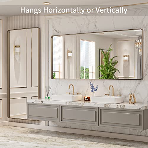 LOAAO 72”X32” Bronze Bathroom Mirrors for Vanity, Rounded Rectangle Brushed Bronze Metal Frame Mirror, Anti-Rust, Tempered Glass, Hangs Horizontally or Vertically