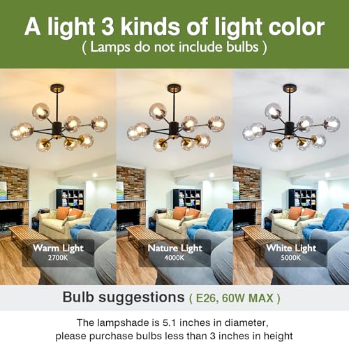 Image of 8 Light Chandelier Pendant Lighting Black with Glass Globes Classic Vintage Sputnik Ceiling Light Fixture for Kitchen Living Room Dining Room Bedroom Farmhouse..