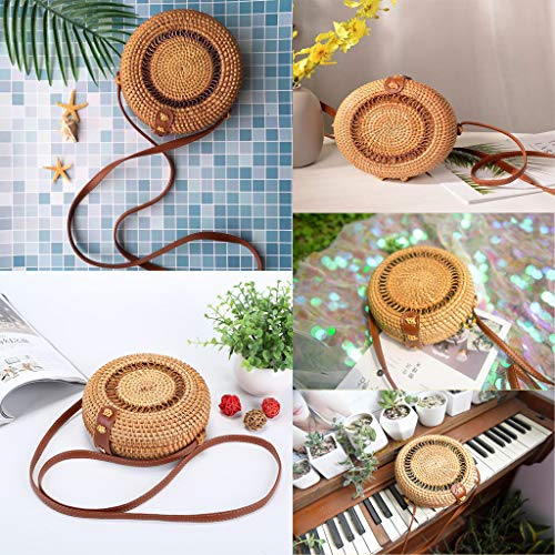 Handmade Rattan Woven Bag Round Retro Crossbody Bags Classic Shoulder Bag Ladies and Girls Party Handbags Wallets 7