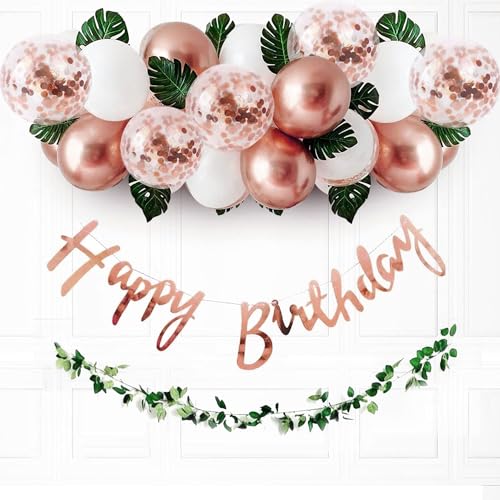 Party Propz Rose Gold Birthday Decoration Items -37Pcs Birthday Decorations Kit With Balloons & Artificial Leaves |Rose Gold Confetti Balloons for Bir