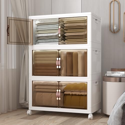 Image of UAMFURI Stackable Storage Bins with Lids, 504QT Closet Organizers and Storage Cabinet with Doors & Wheels, Lockable Plastic Foldable Drawers for Bedroom Dorm Office Garage(168QT*3,White)