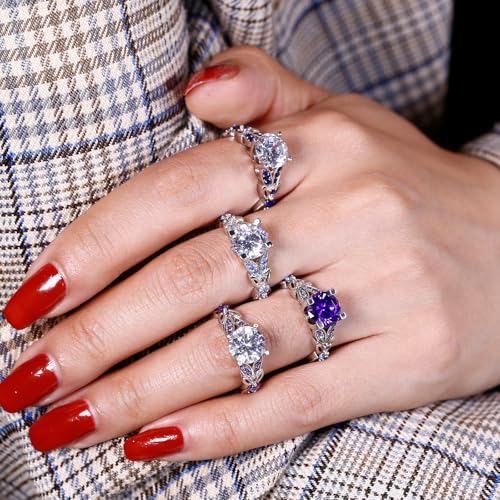 Jeulia 4.3 Carat Personalized Sterling Silver Butterfly Rings for Women Purple Amethyst Bridal Round Cut Wedding Engagement Eternity Valentine's Promise Ring Set4