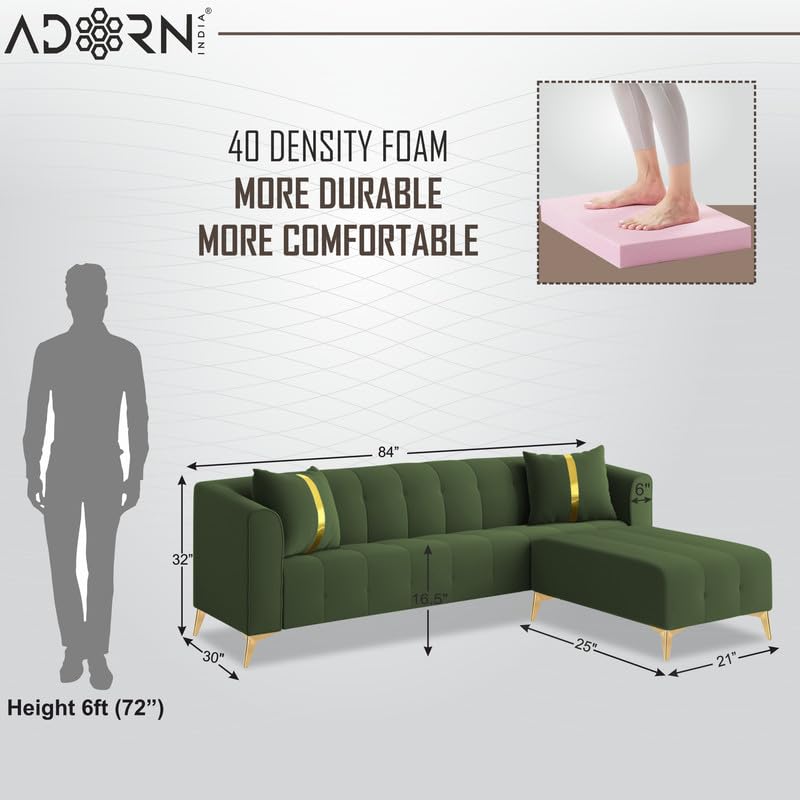 Image of Adorn India Premium Mystic - 3 Years Warranty - L Shape 5 Seater Sofa Set Velvet Suede Fabric - Green