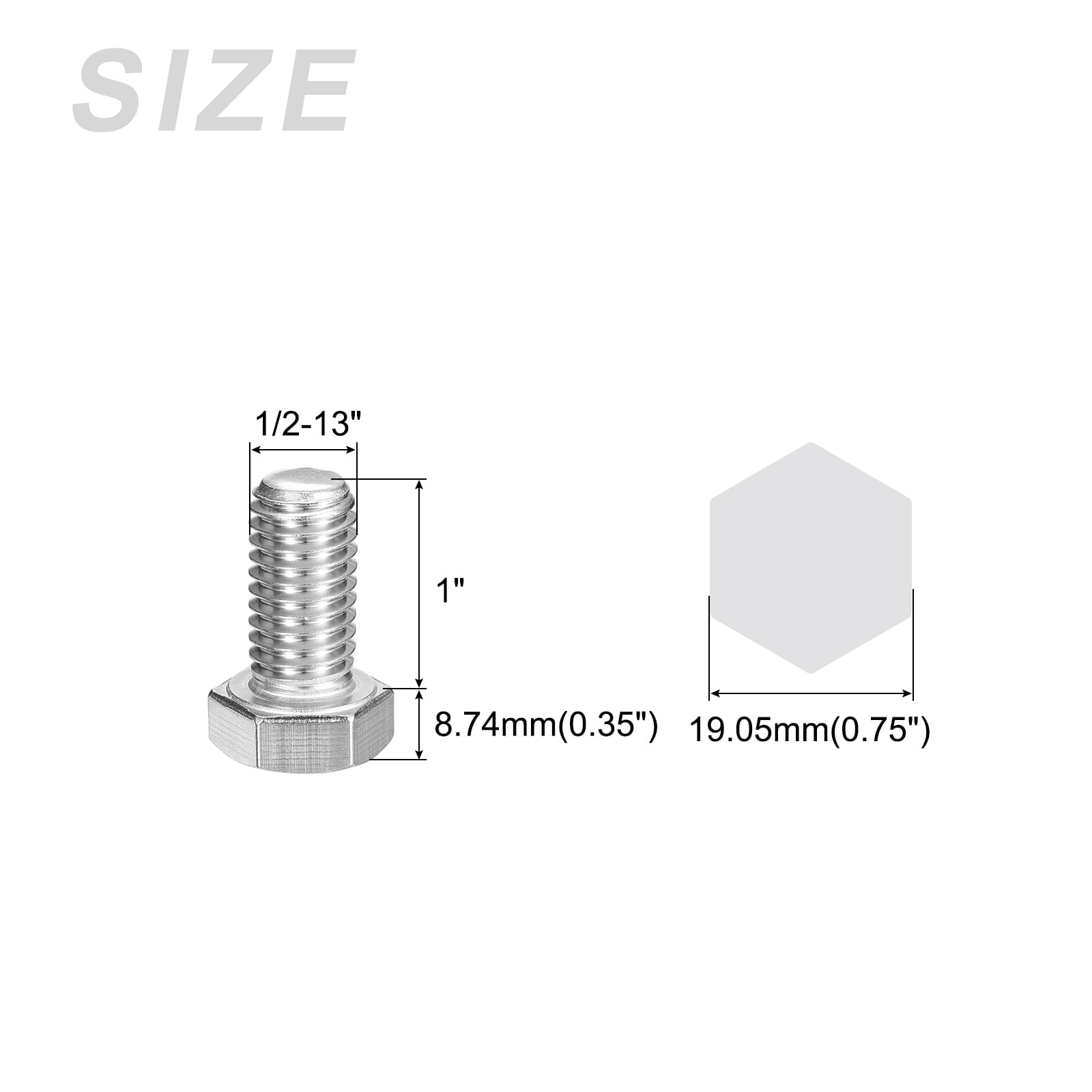 METALLIXITY Hex Head Bolts (1/2-13 x 1") 20Pcs, 304 Stainless Steel 18-8, Fully Threaded, External Hex Drive, Plain Finish - Image 2